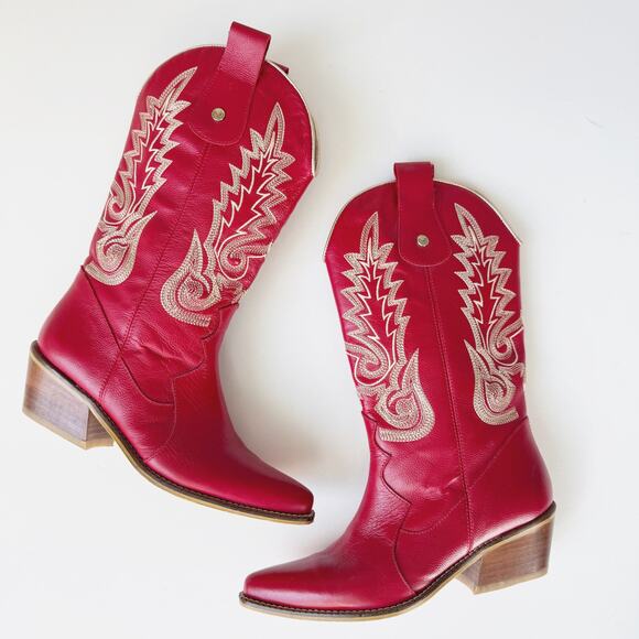 Stivali Red Leather Loyal Western Cowboy Boots Size 37/6-6.5 - Picture 1 of 9
